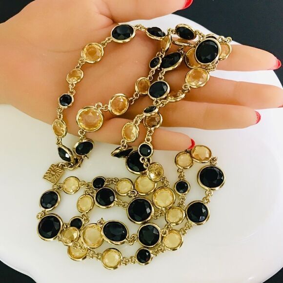 Vintage Anne Klein Swarovski Crystals Bezel Necklace Round Gold Black 4404 - Picture 1 of 9